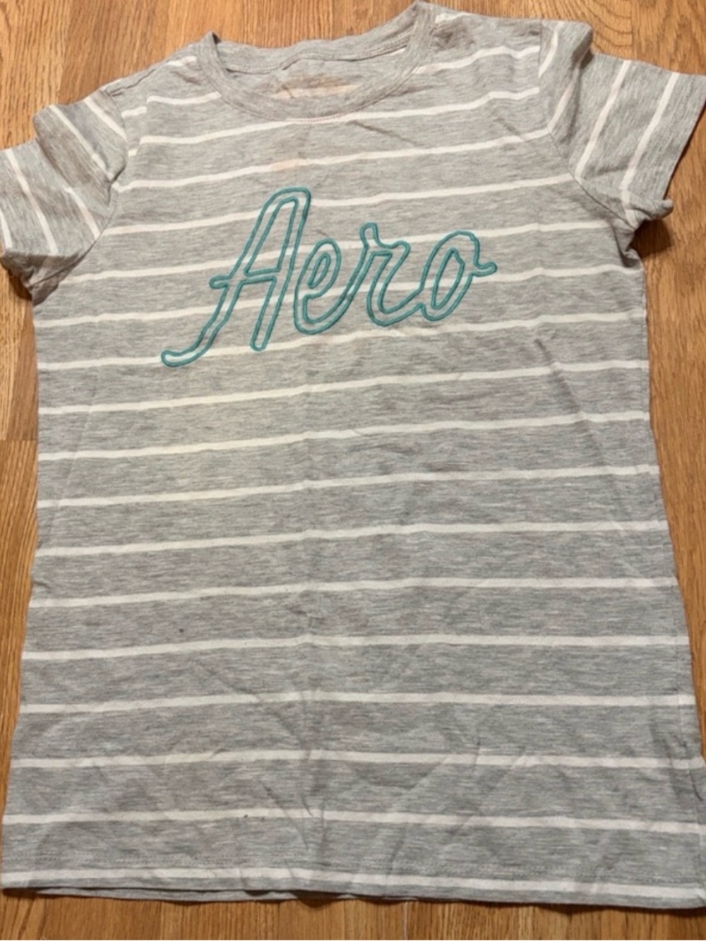 🩶 Aeropostale Grey & White Striped "Aero" Graphic Tee | Medium